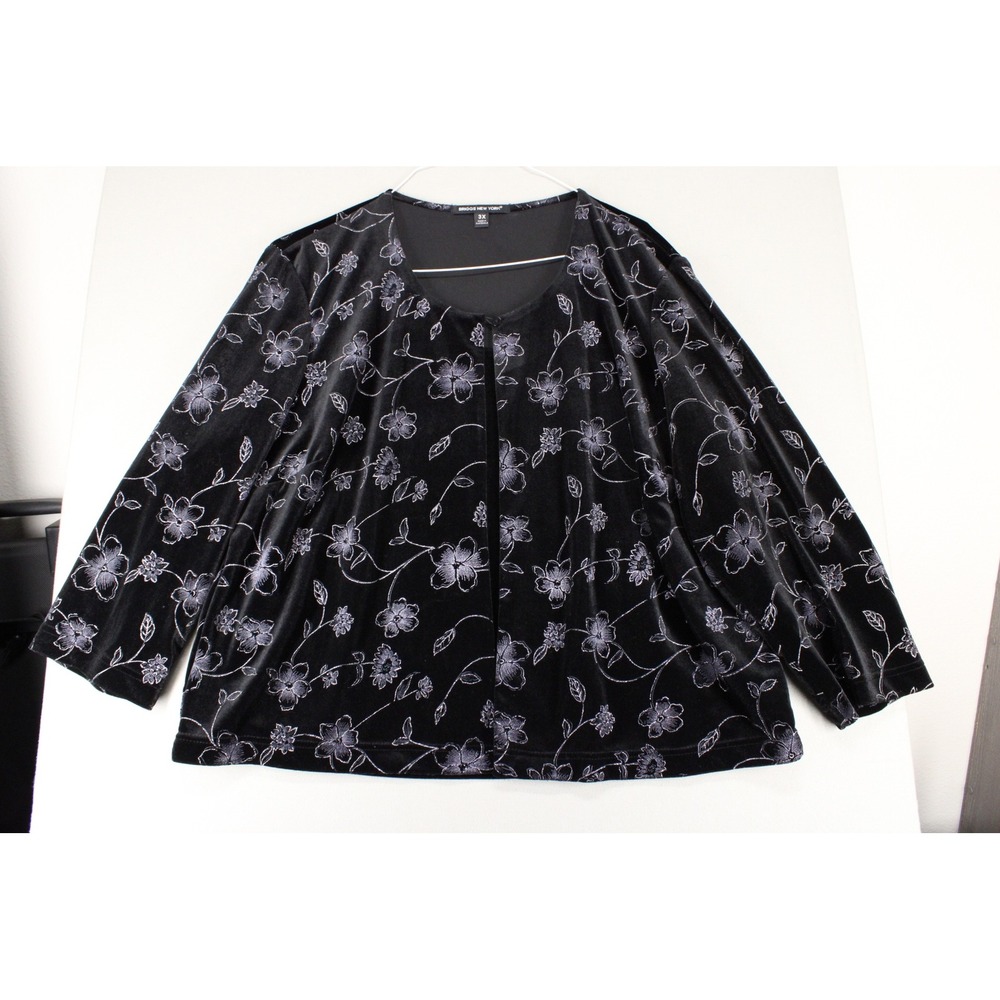 Briggs New York Fooler Top Womens 3X Black Velvet Silver Floral Glitter Party